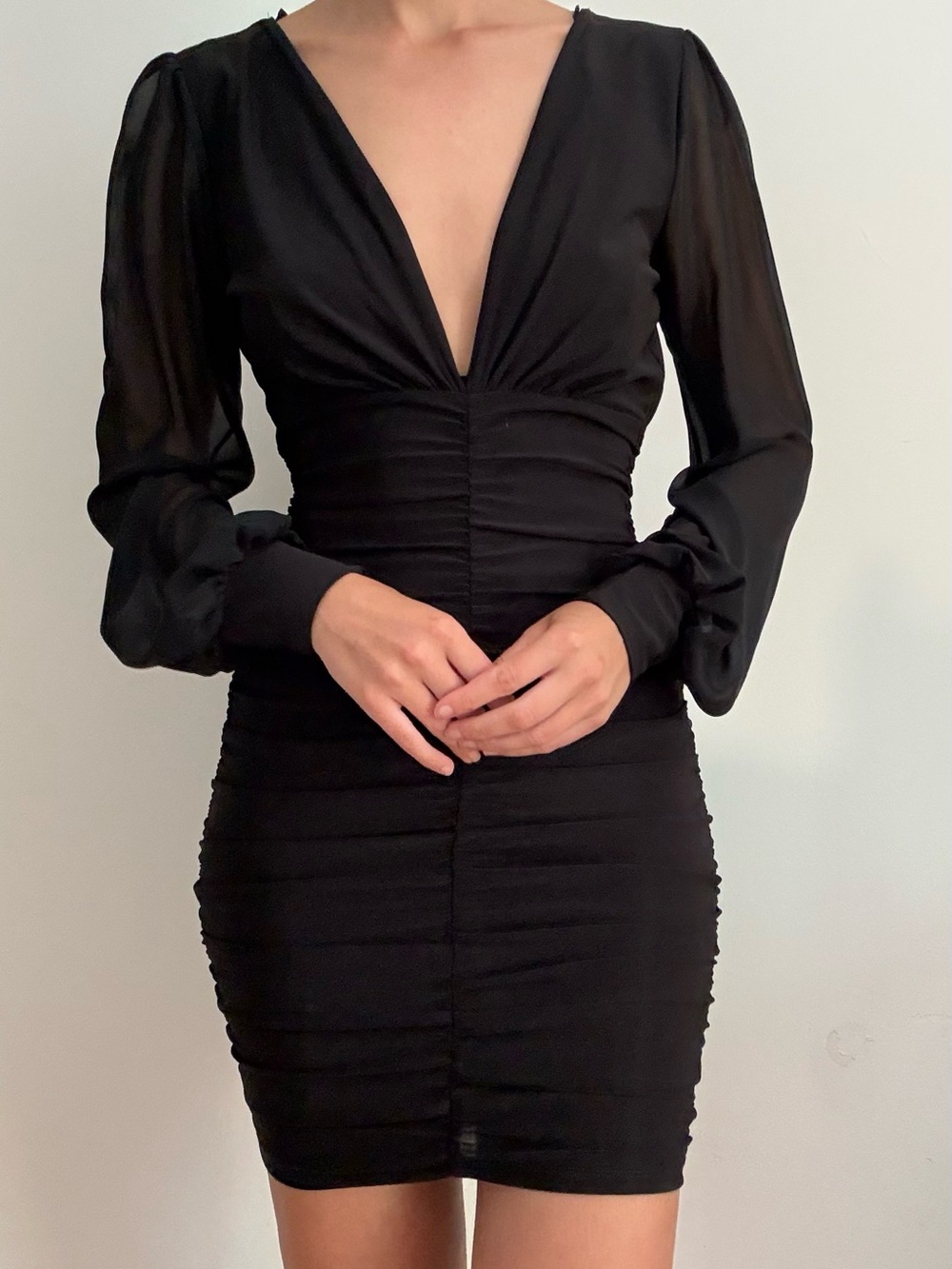 Windsor Black Plunging Ruched Long Sleeve Dress